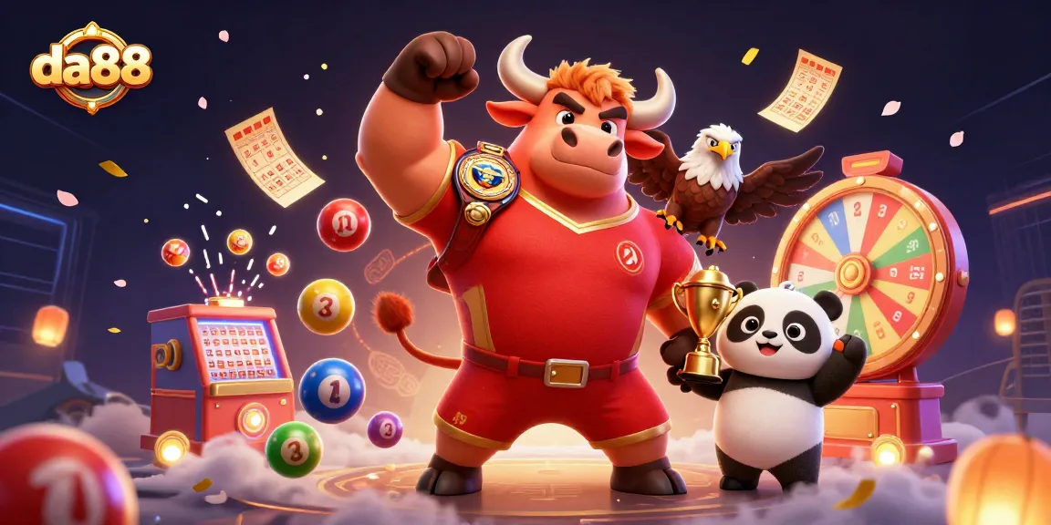 Experience thrilling games at da88 with vibrant characters, winning trophies, and immersive casino elements.