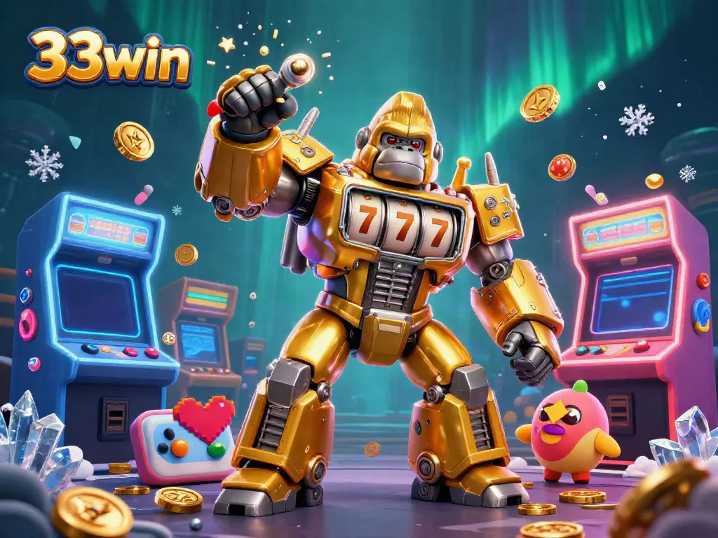 Experience the thrill of winning with 33win's dynamic 3D scene featuring gaming and casino elements.