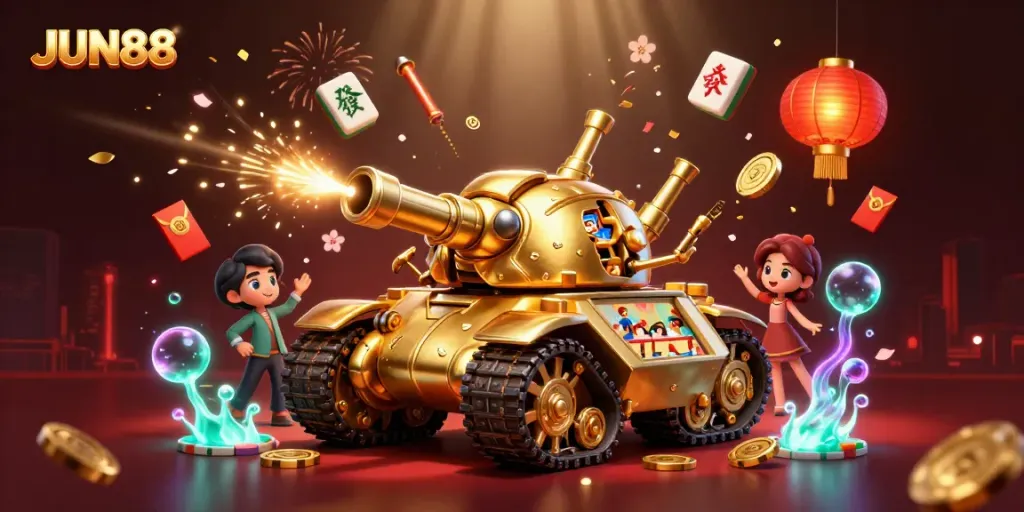 Experience thrilling gaming at JUN88 with a vibrant 3D casino scene featuring a unique tank.