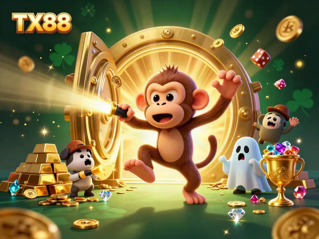 Interact with the magical world of TX88 where a poltergeist monkey juggles golden treasures in a lively casino.