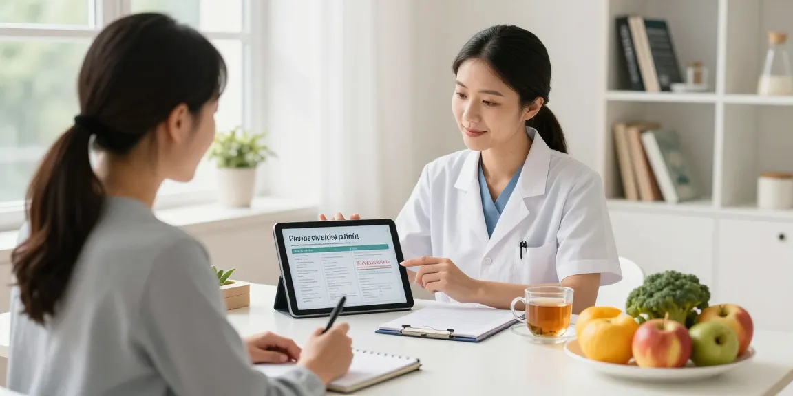 Nutritional Therapist Surrey consulting with a client in a bright wellness clinic, fostering a holistic health environment.