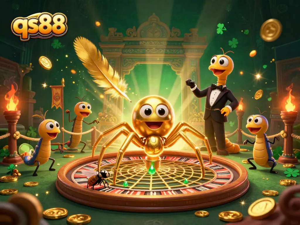 Experience thrilling bets at qs88 with a spider croupier and a roulette wheel in a vibrant casino scene.