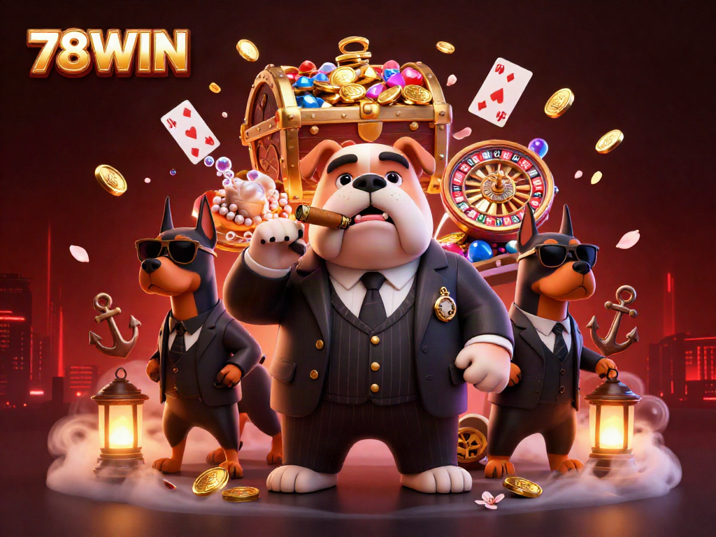 Experience thrilling gameplay at 78WIN featuring a mafia boss and golden treasures.
