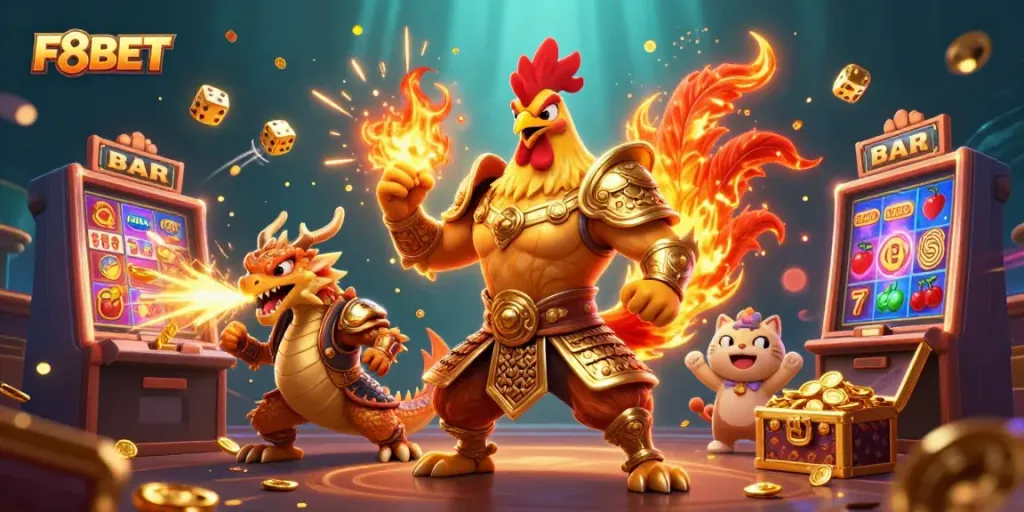 Experience F8BET with vibrant animations and gaming excitement in a dynamic casino illustration.