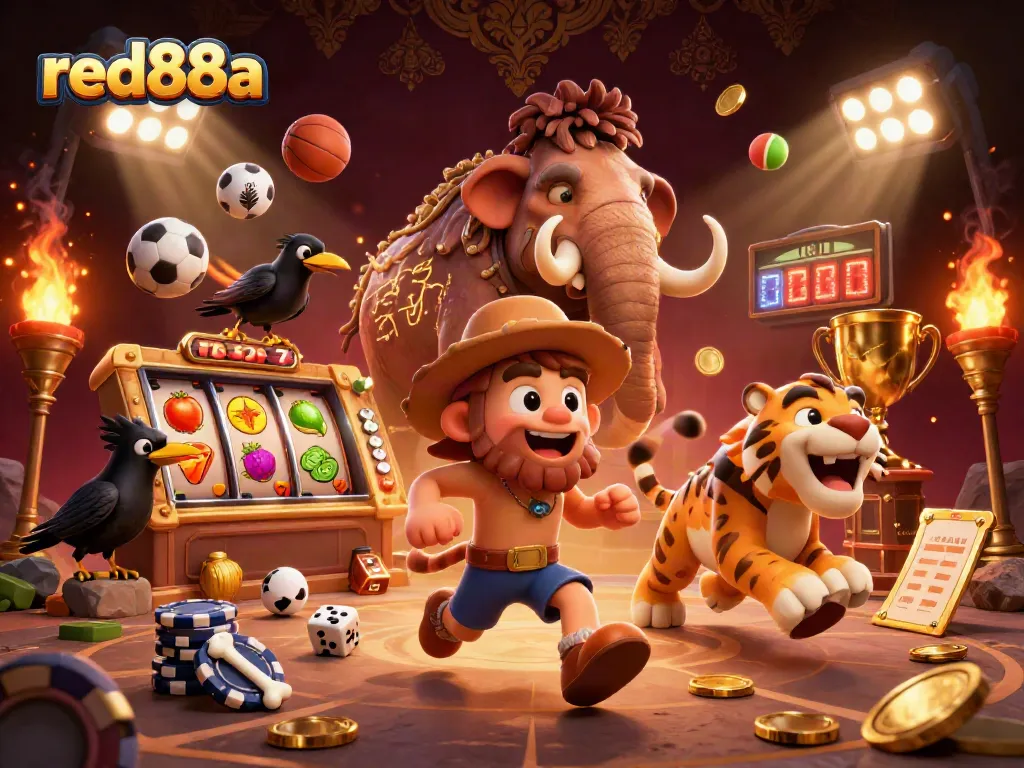 Experience the thrill of red88a gaming with cavemen, sabertooth tigers, slot reels, and a clever crow.