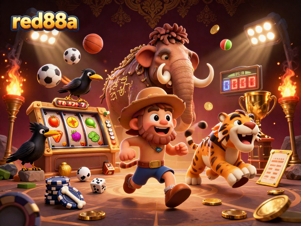 Experience the thrill of red88a gaming with cavemen, sabertooth tigers, slot reels, and a clever crow.
