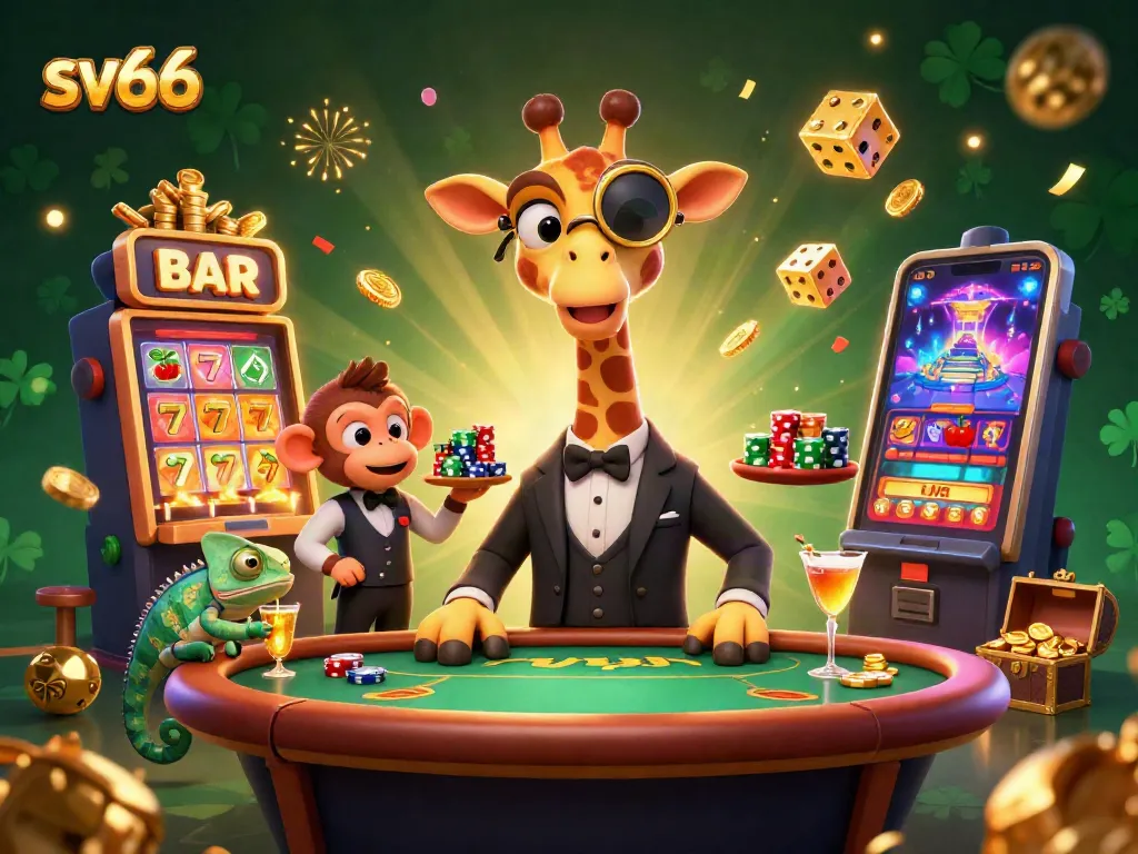 Experience thrilling gameplay at sv66 with a giraffe in a VIP setting amidst exploding jackpots and colorful casino elements.