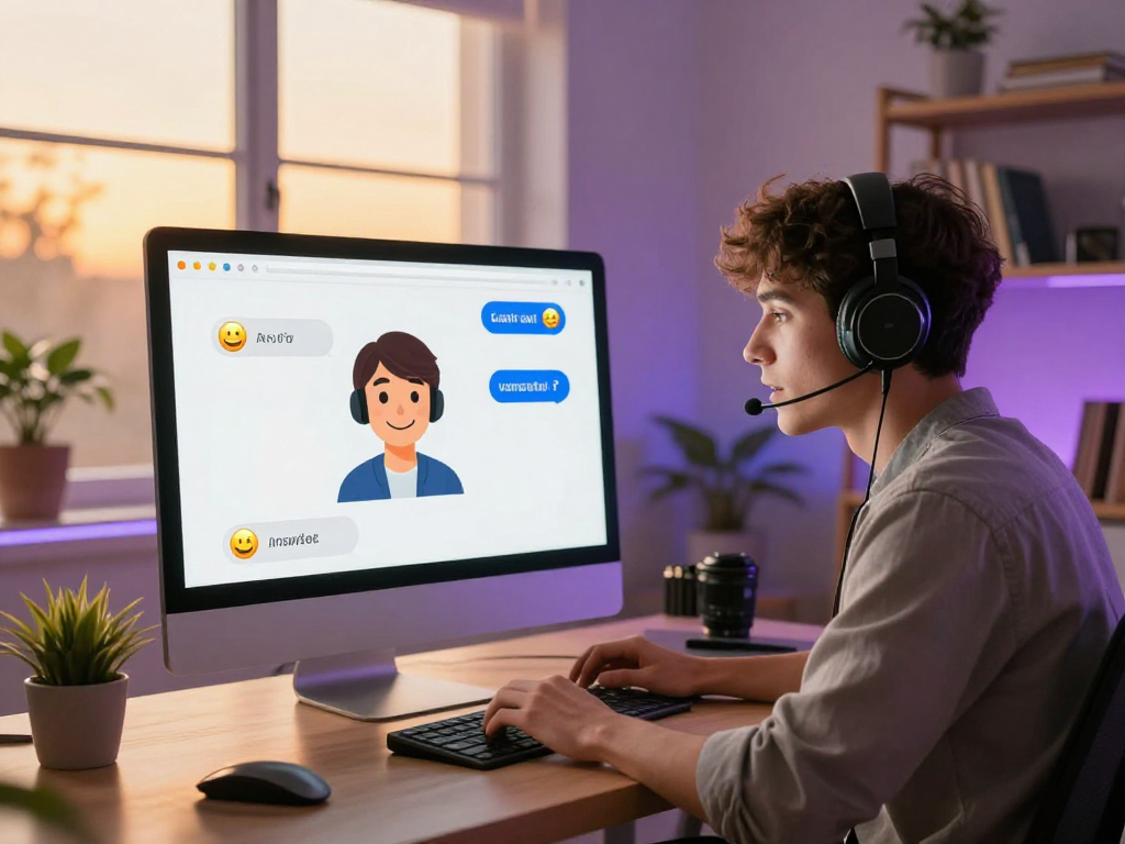 User engaging in an interactive nsfw ai chat with a friendly avatar in a cozy home office setting.