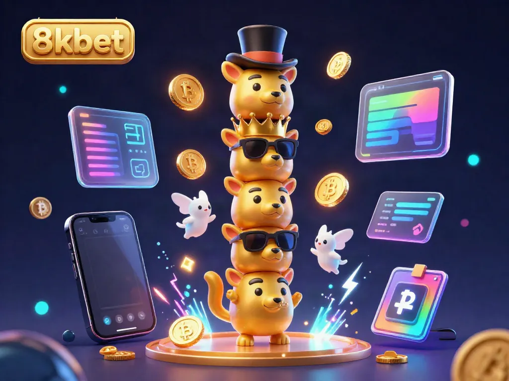 Engage with 8kbet's vibrant 3D casino illustration highlighting crypto elements and animated totem.