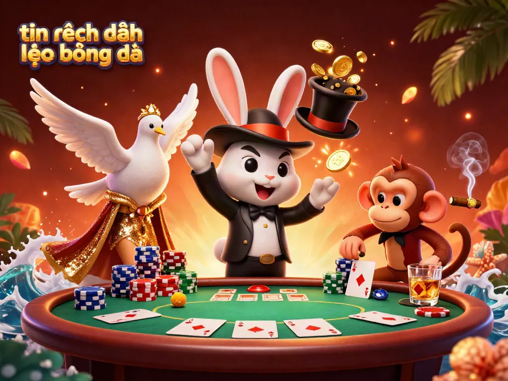 Captivating scene showcasing tin nhận định kèo bóng đá with a magician rabbit, sequined dove, and monkey amidst poker chips and cards.