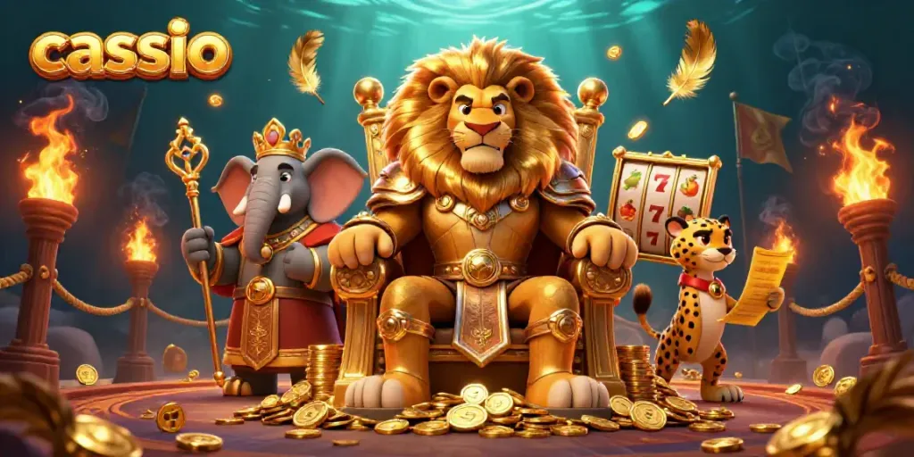 Experience vibrant casino action with the lion king, elephant advisor, and cheetah messenger.