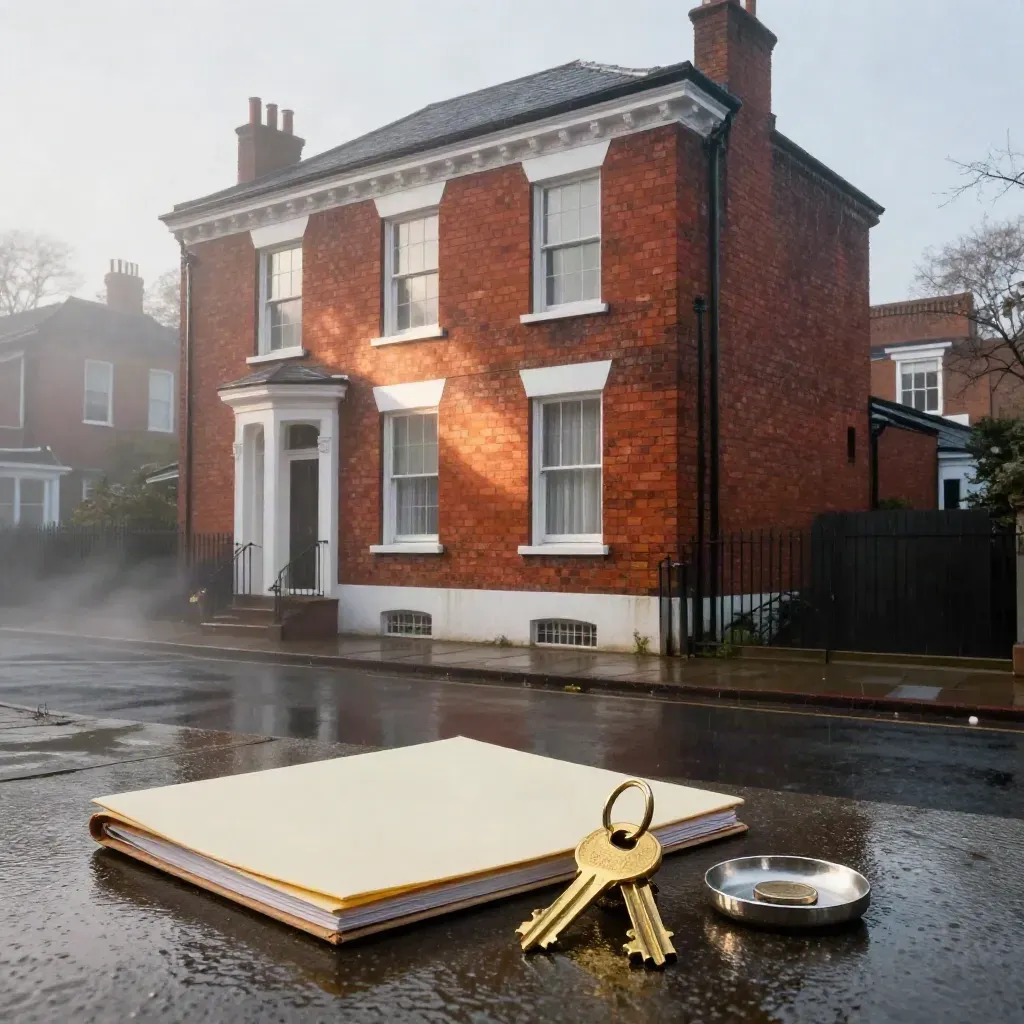 Red-brick Victorian terrace with keys, finance folder and wet pavement reflections in rain mist.