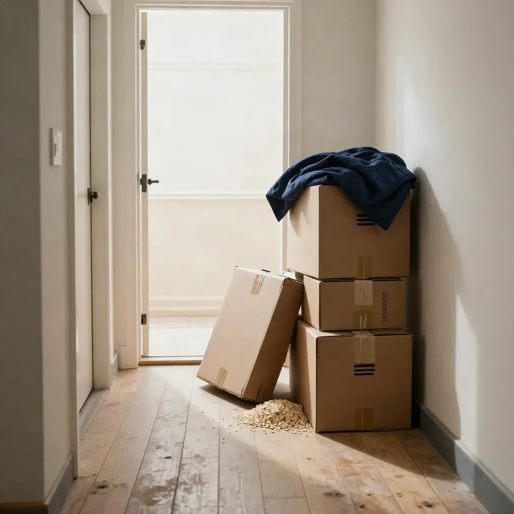 Empty flat hallway with packed boxes and a folded throw at an open door to a quiet landing