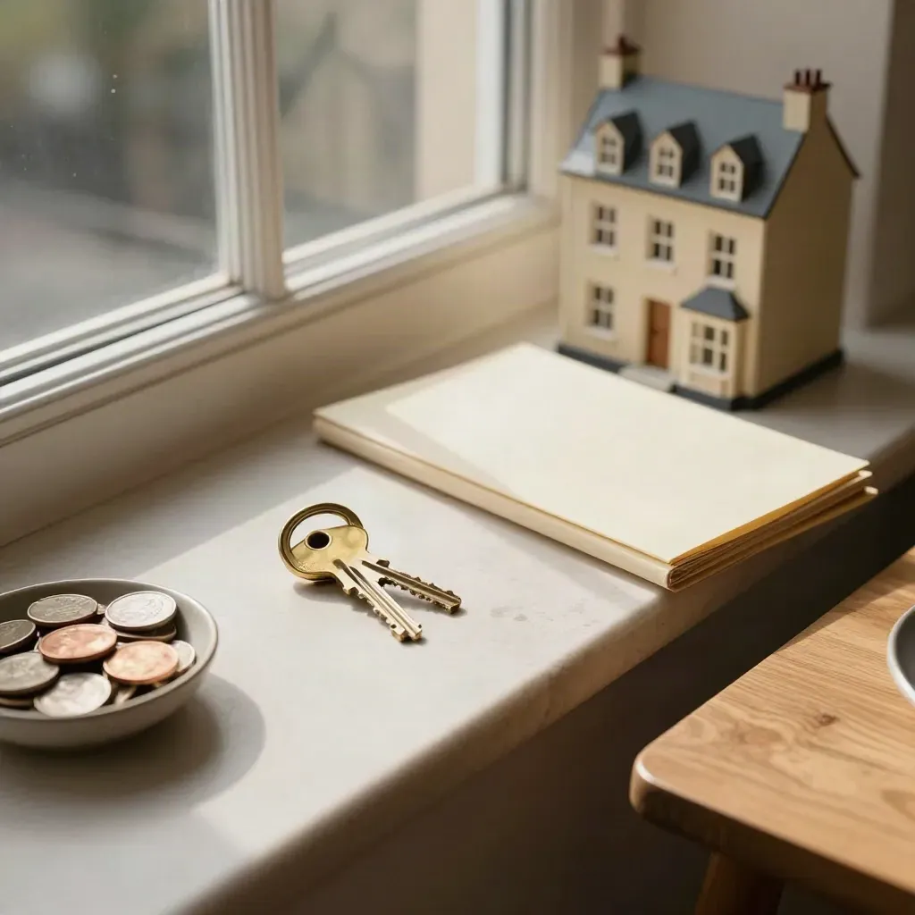 London flat window ledge with keys, coins, cream folder and tiny terraced-house model in warm sunlight