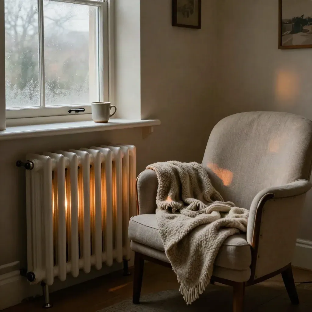 Warm flat interior with glowing radiator, mug on sill, wool throw and fogged window edge.