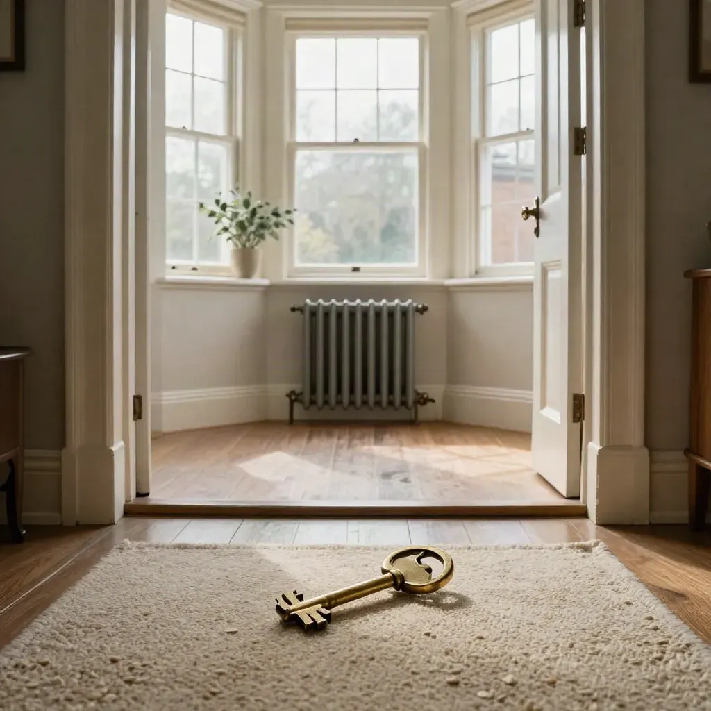 Warrington living room with keys, radiator, rug and plant by a bay window in soft overcast light.