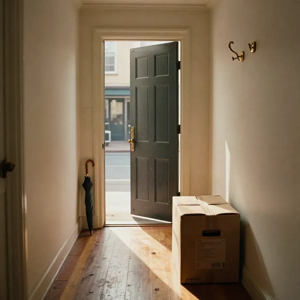 Townhouse hallway with a moving box, coat hook, umbrella stand and open door to a quiet street.