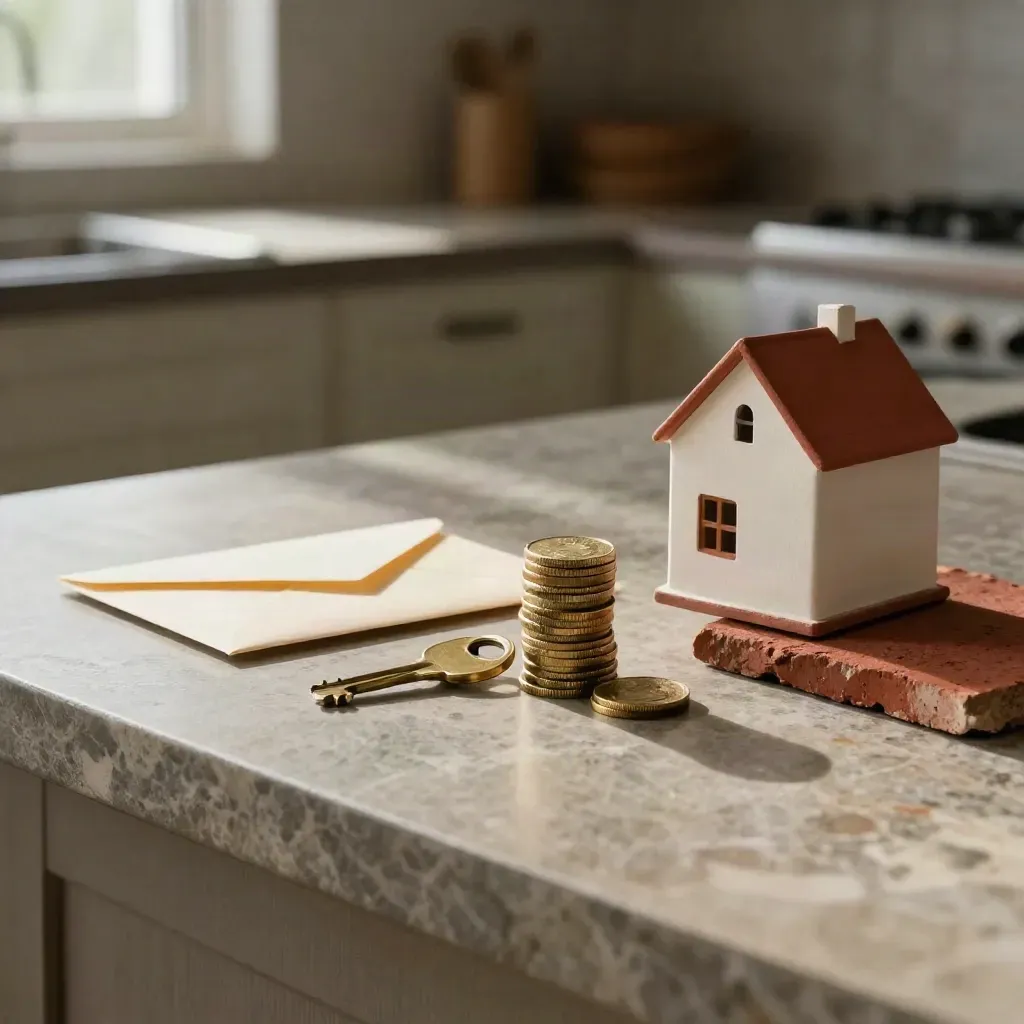 Coins, key, brick sample and house model on a stone kitchen island