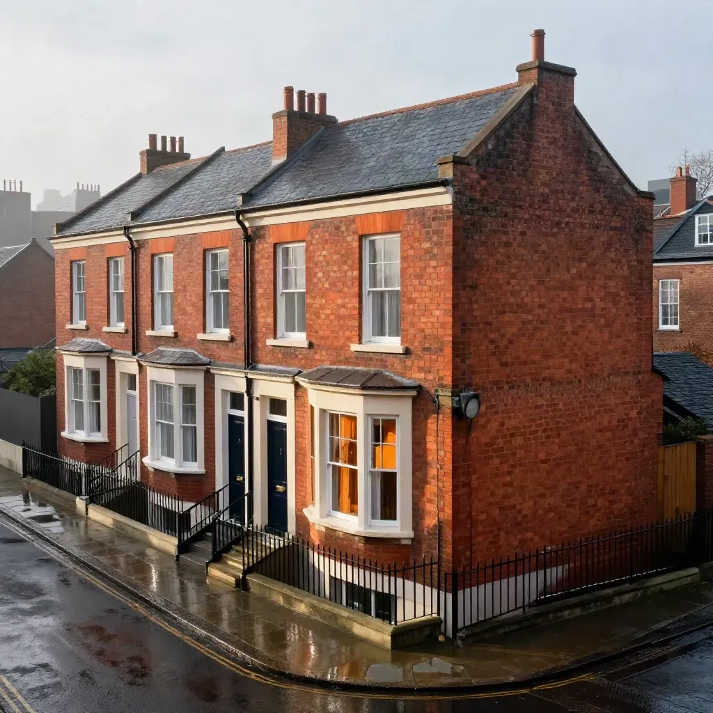 Wet Birmingham terrace street with tidy red-brick fronts and misty rooftops