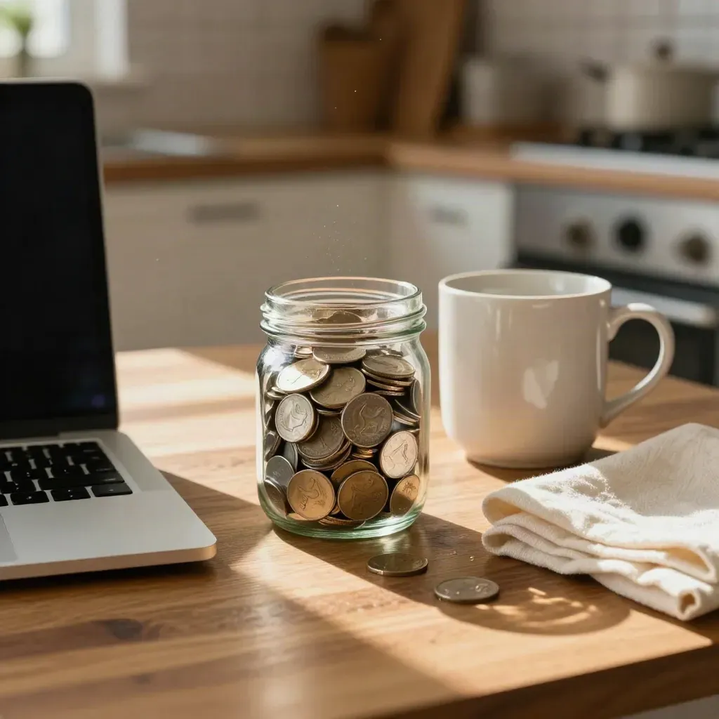 Coins in a jar beside a closed laptop on a warm kitchen table, with cream cloth and afternoon light.