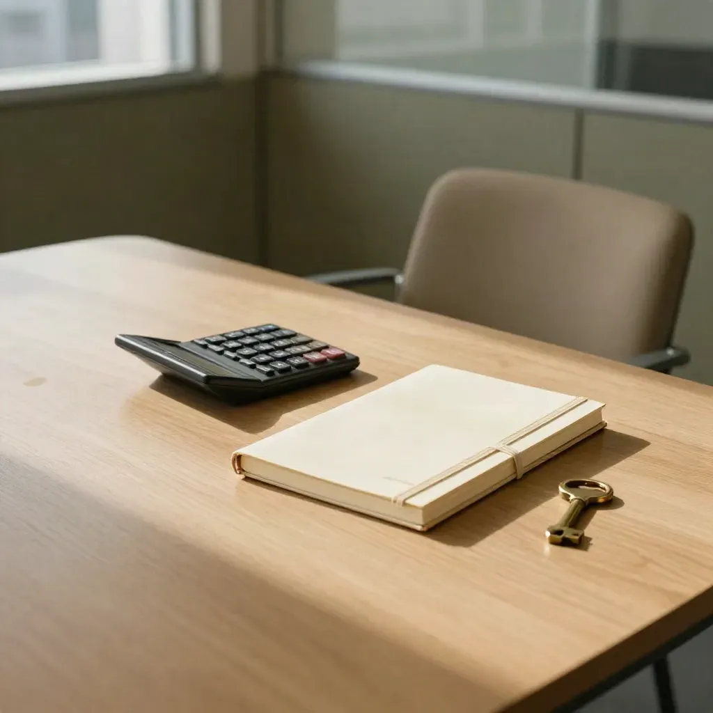 Top-down meeting-room table with calculator, sealed notebook, brass key and pulled-back chair in soft daylight.