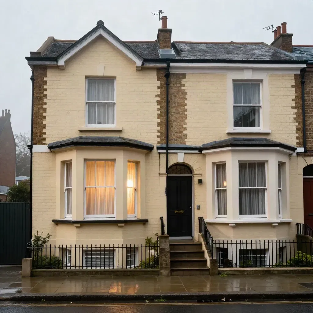 Two terrace houses on a damp street, one bright behind curtains and one dim behind drawn drapes.