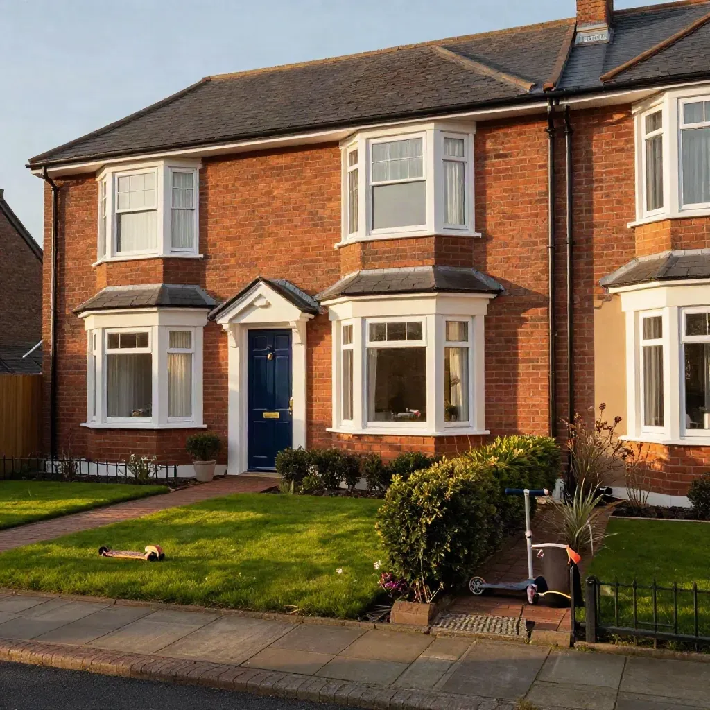 South East family semi at dusk with bay windows, navy door, driveway, front garden, and a child scooter.