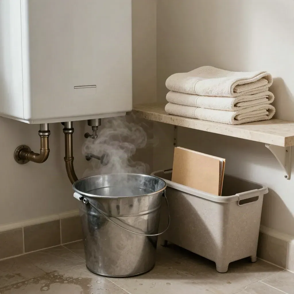 Utility corner with boiler, mop bucket, towels, caddy, and a closed insurance folder in soft daylight.