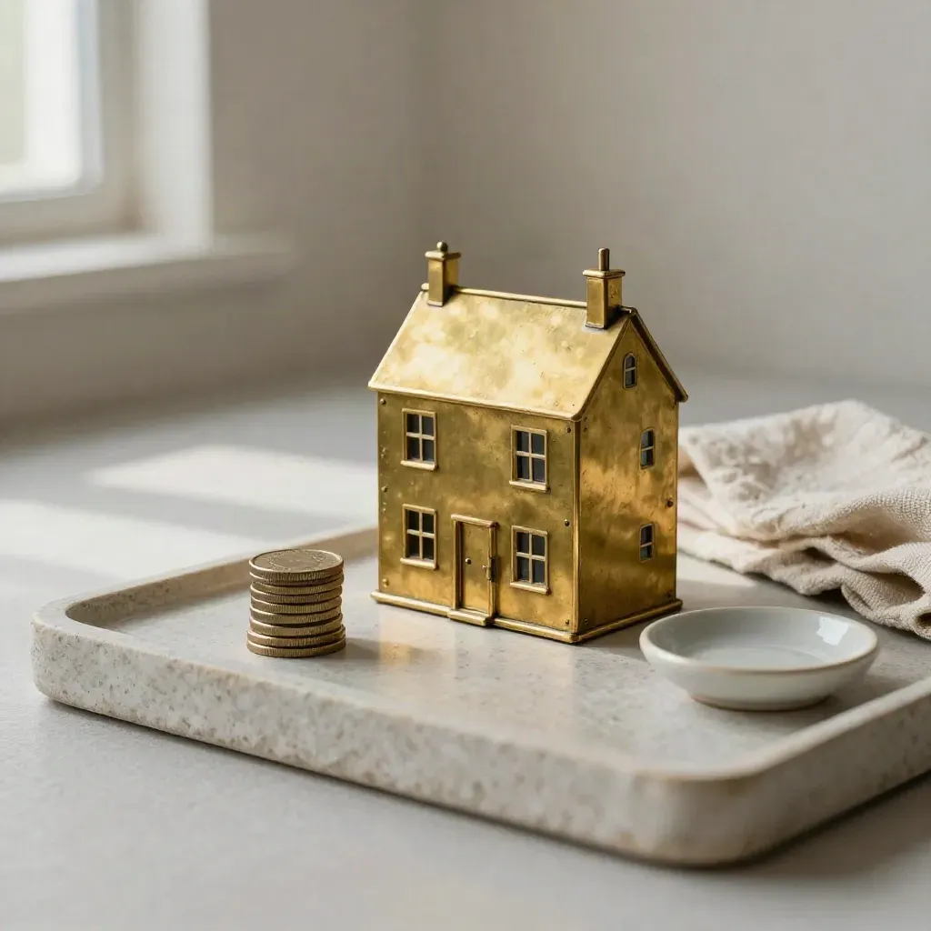 Brass miniature terraced house, coins, linen and ceramic dish in a stone tray.