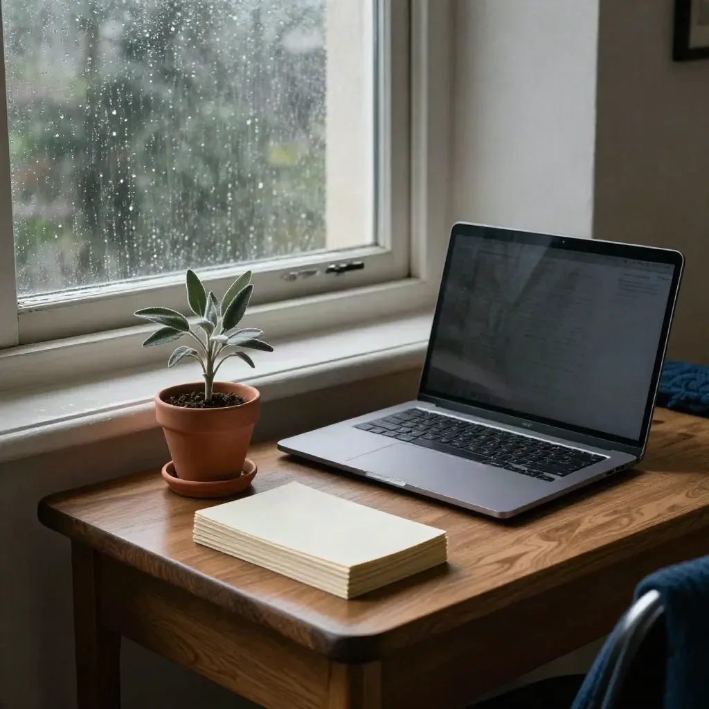 Rainy study corner with closed laptop, index cards, terracotta pot and bright window.