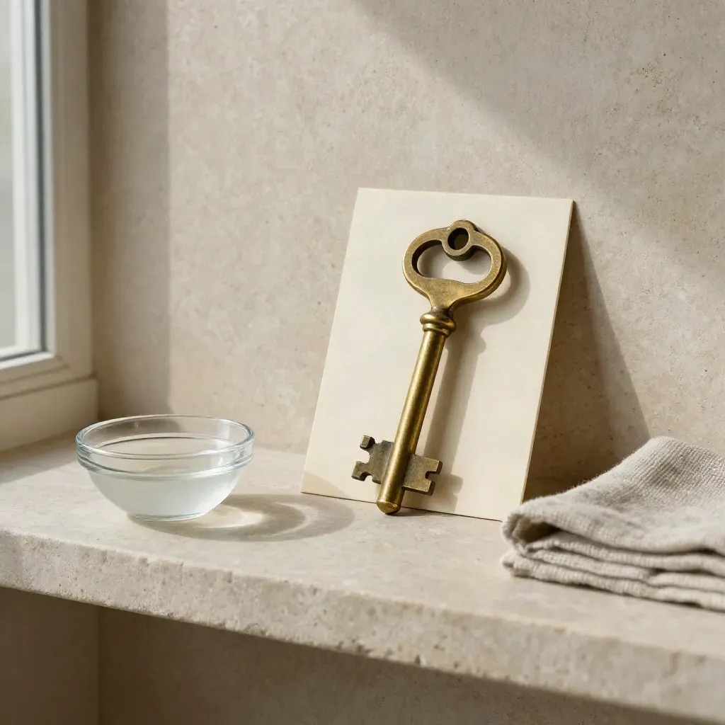 Brass key, ivory card, glass bowl and folded cloth on a stone shelf in soft side light.