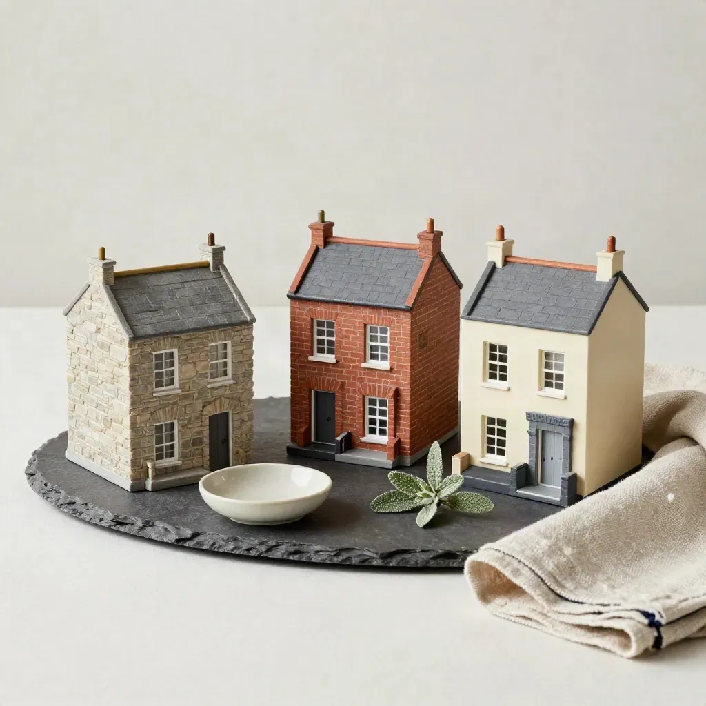 Three miniature terraced houses on a slate tray with plant and linen cloth on an off-white sweep.