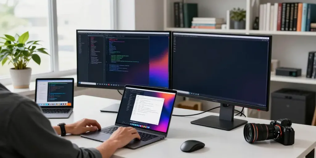 Developer working in a modern tech workspace applying instant indexing techniques on dual monitors.