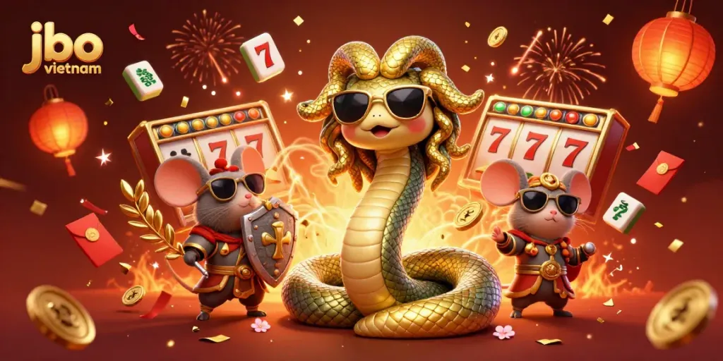 Spin and win at jbo vietnam with a vibrant casino atmosphere featuring playful characters.
