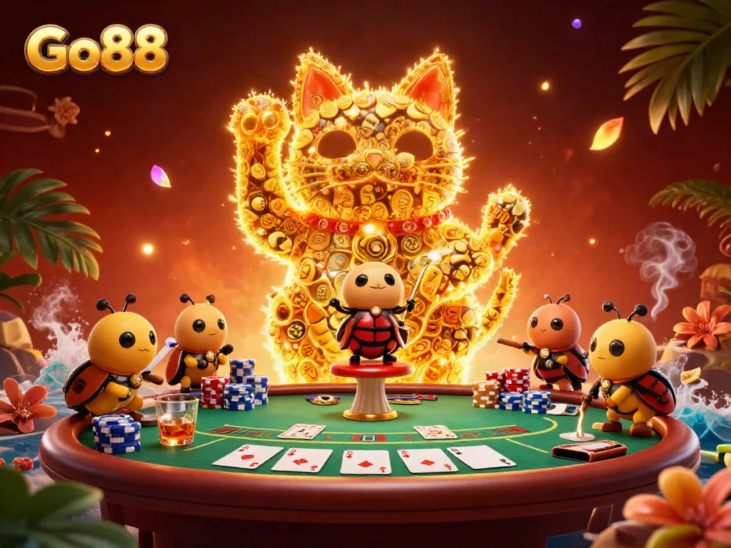 Experience the vibrant world of Go88 with a stunning illustration featuring a giant lucky cat and poker elements.