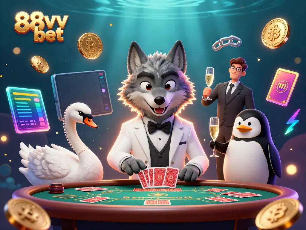 Engage in vibrant 88vv bet gaming scene featuring a stylish wolf, swan dealer, and penguin sommelier.