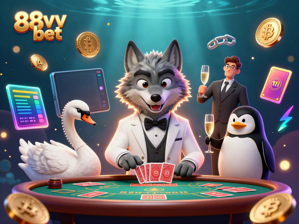 Engage in vibrant 88vv bet gaming scene featuring a stylish wolf, swan dealer, and penguin sommelier.