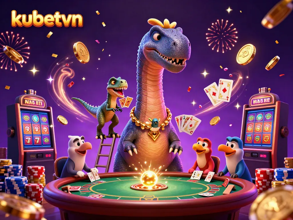 Experience thrilling gameplay at kubetvn with a colorful illustration of a brontosaurus and raptor in a vibrant casino.