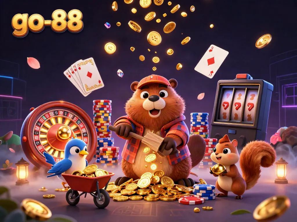 A vibrant illustration showcasing the go-88 casino experience with a beaver, bird, and squirrel collecting golden rewards.