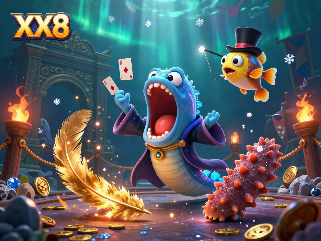 Experience thrilling card tricks by a bioluminescent deep-sea gulper eel in the XX8 casino.