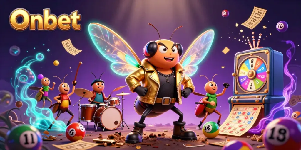 Onbet lottery scene featuring 3D cicada rock star with colors and dynamic elements for engaging gaming experience.