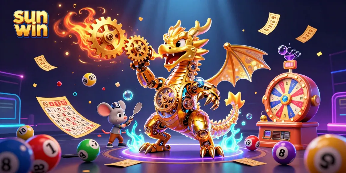 Engage with the sun win gambling fantasy featuring a golden dragon amidst colorful lottery elements in an exciting 3D scene.