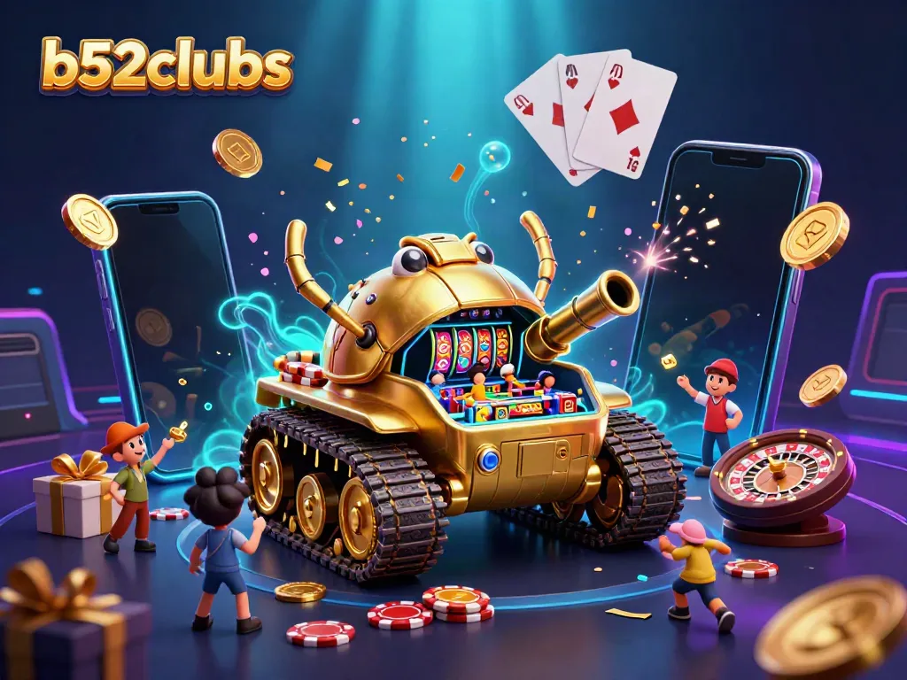 Engage in vibrant gaming adventures with b52clubs, featuring a dynamic casino scene bursting with excitement.