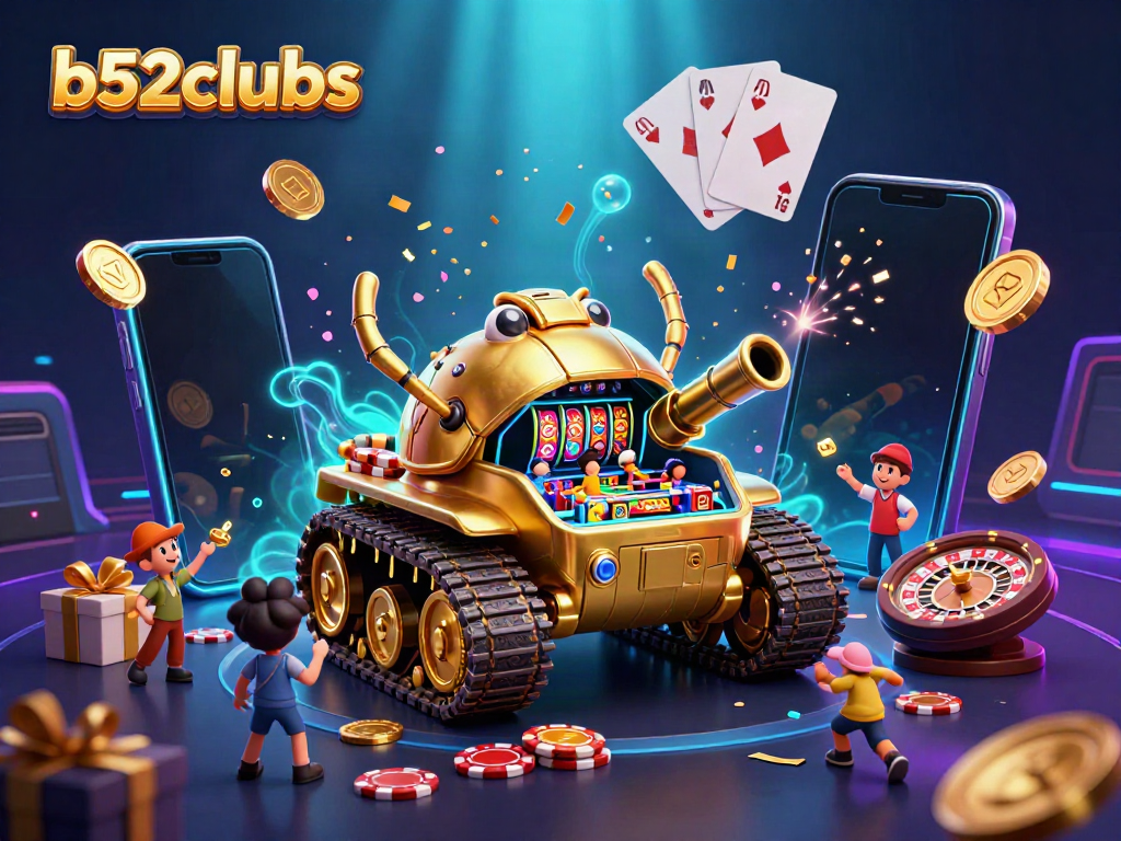 Engage in vibrant gaming adventures with b52clubs, featuring a dynamic casino scene bursting with excitement.