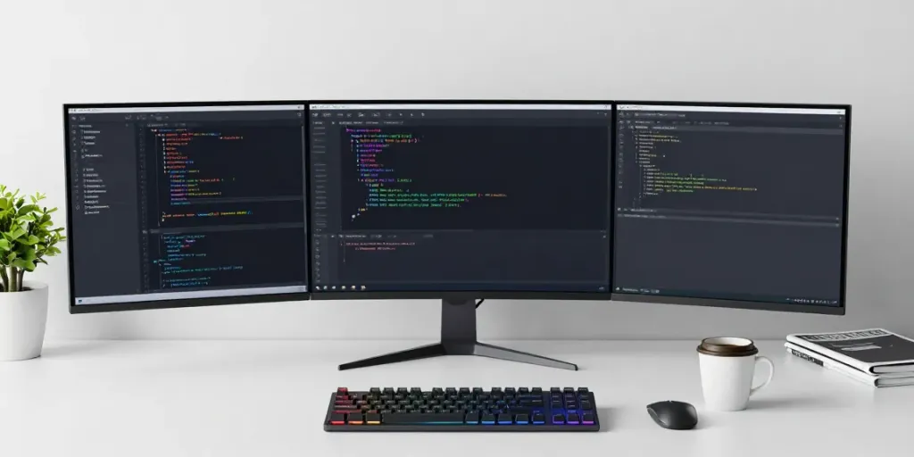 Affordable .co.uk domain registration visuals in a developer workspace featuring coding tools and modern technology.