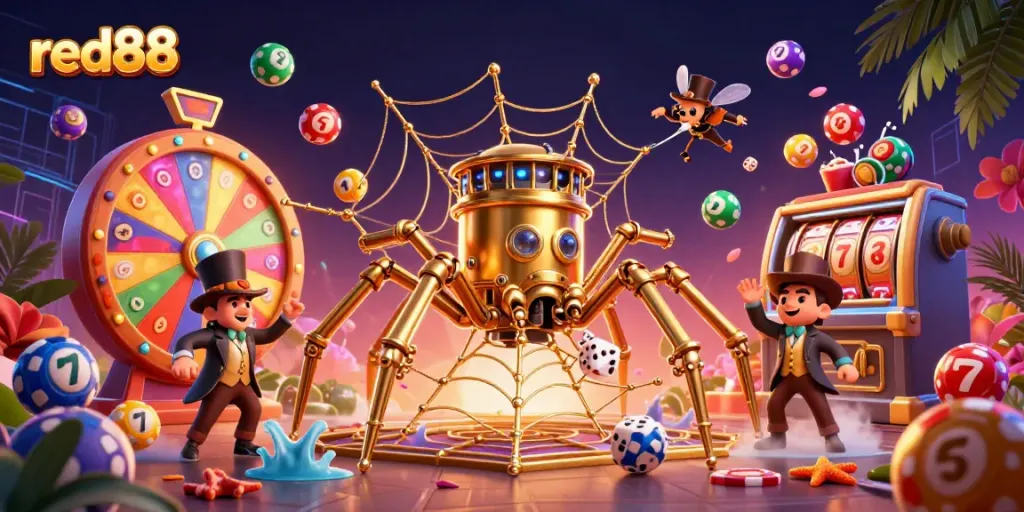 Experience high-stakes gaming with red88; where cartoon characters and dynamic elements create a vibrant casino world.