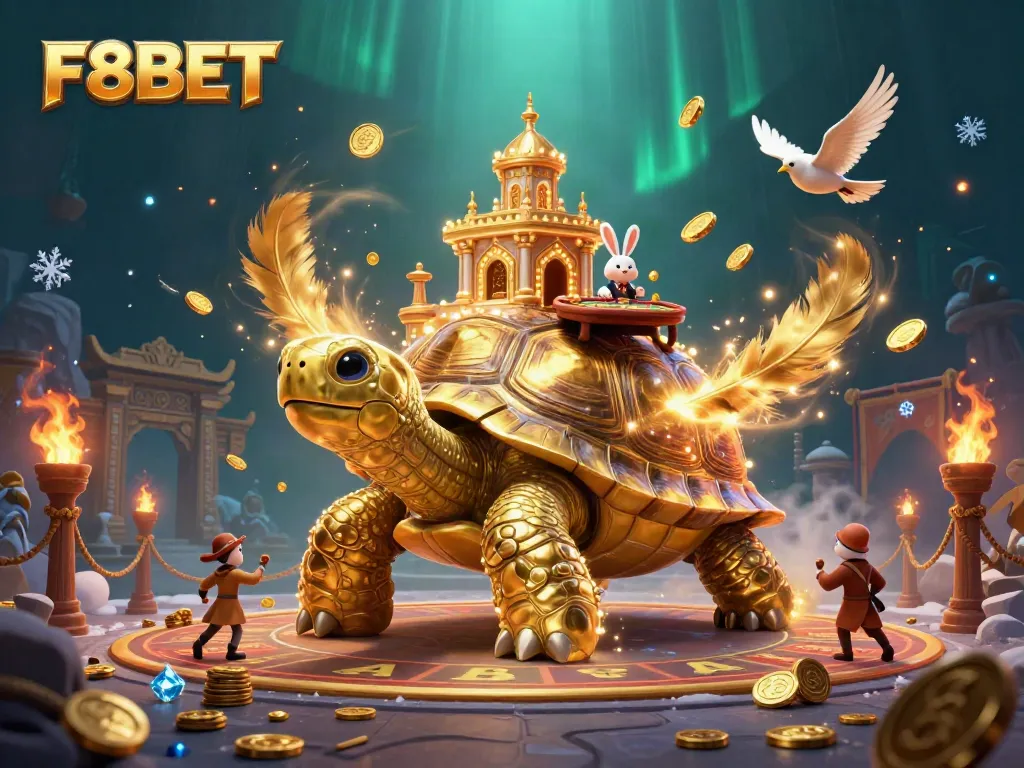 Experience thrilling gaming with F8BET at a whimsical casino scene featuring golden coins and a lively dealer.