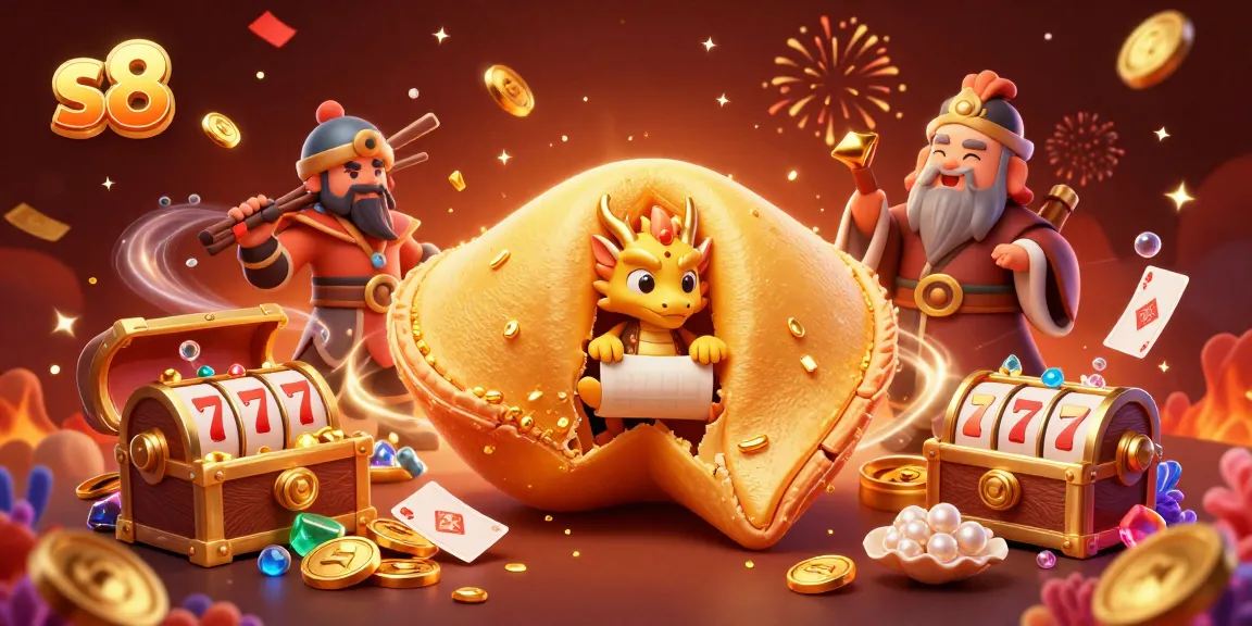 S8 casino experience featuring a golden cookie, wise dragon, and slot elements amidst a festive backdrop.