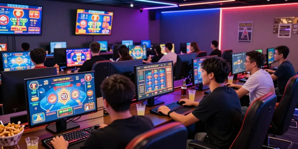 Players interacting in a modern gaming lounge enjoying online credit card casinos.