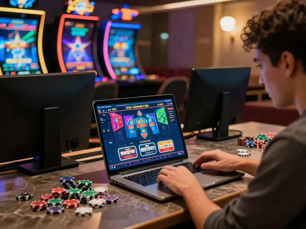 Player enjoying online credit card casinos in a vibrant home setting with interactive gaming elements.